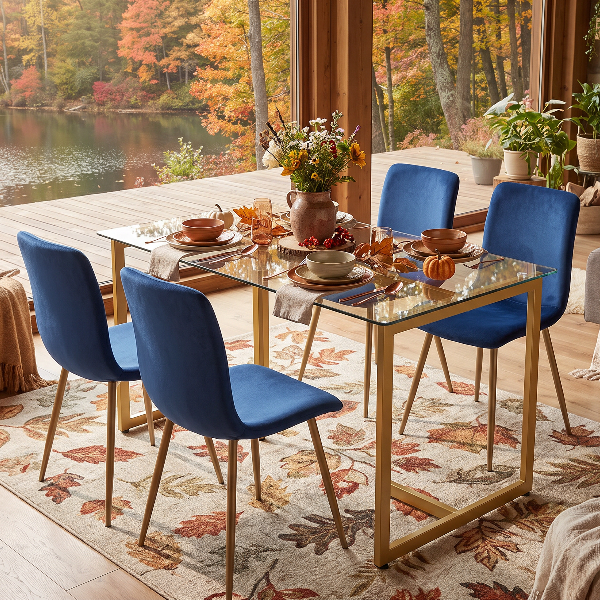 Homy Casa SLIP+SCARGILL 5PC Dining Set 47.2" Glass Table with 4 Scargill Blue Fabric Dining Chairs Open Box