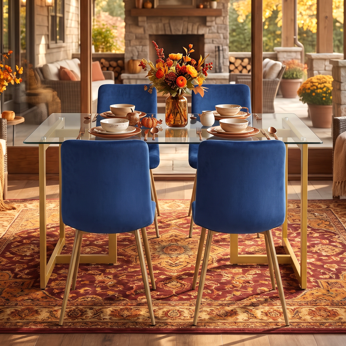 Homy Casa SLIP+SCARGILL 5PC Dining Set 47.2" Glass Table with 4 Scargill Blue Fabric Dining Chairs Open Box