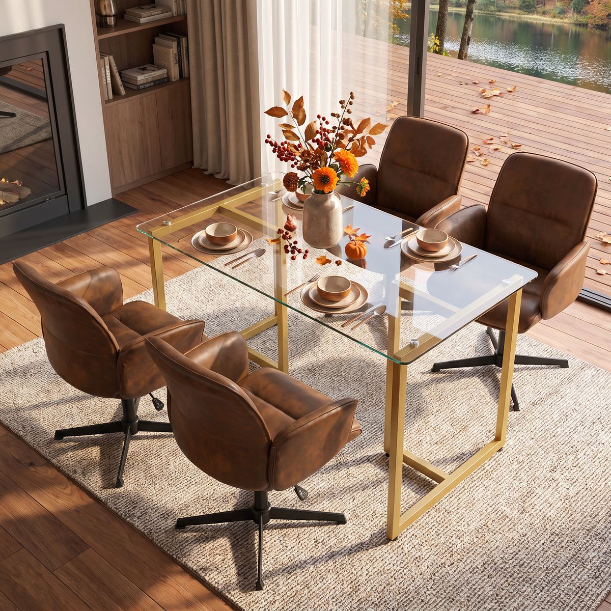 Homy Casa SLIP+THOMASINA 5PC Dining Set 47.2" Glass Table with 4 Brown Swivel Dining Chairs in Gold and Dark Brown Open Box