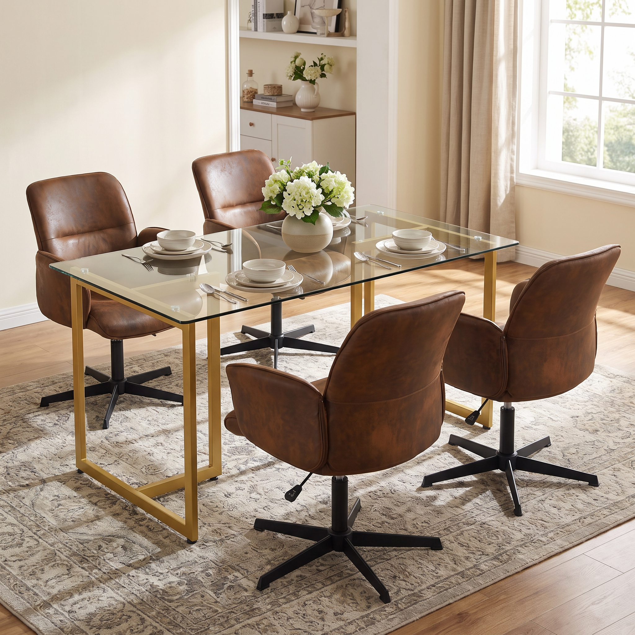 Homy Casa SLIP+THOMASINA 5PC Dining Set 47.2" Glass Table with 4 Brown Swivel Dining Chairs in Gold and Dark Brown Open Box
