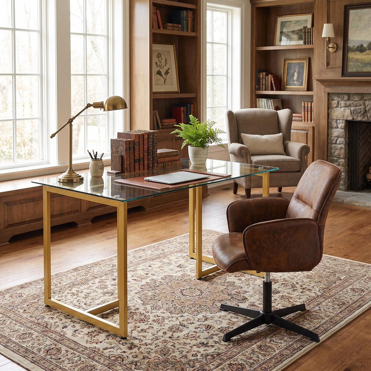 Homy Casa SLIP+THOMASINA 2PC Home Office Set 47.2” Glass Desk with Adjustable Swivel Armchair in Gold and Brown Open Box