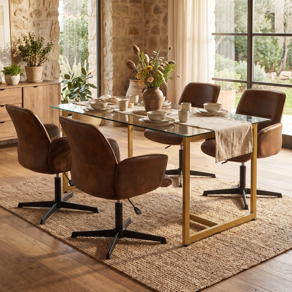 Homy Casa SLIP+THOMASINA 5PC Dining Set 47.2" Glass Table with 4 Brown Swivel Dining Chairs in Gold and Dark Brown Open Box