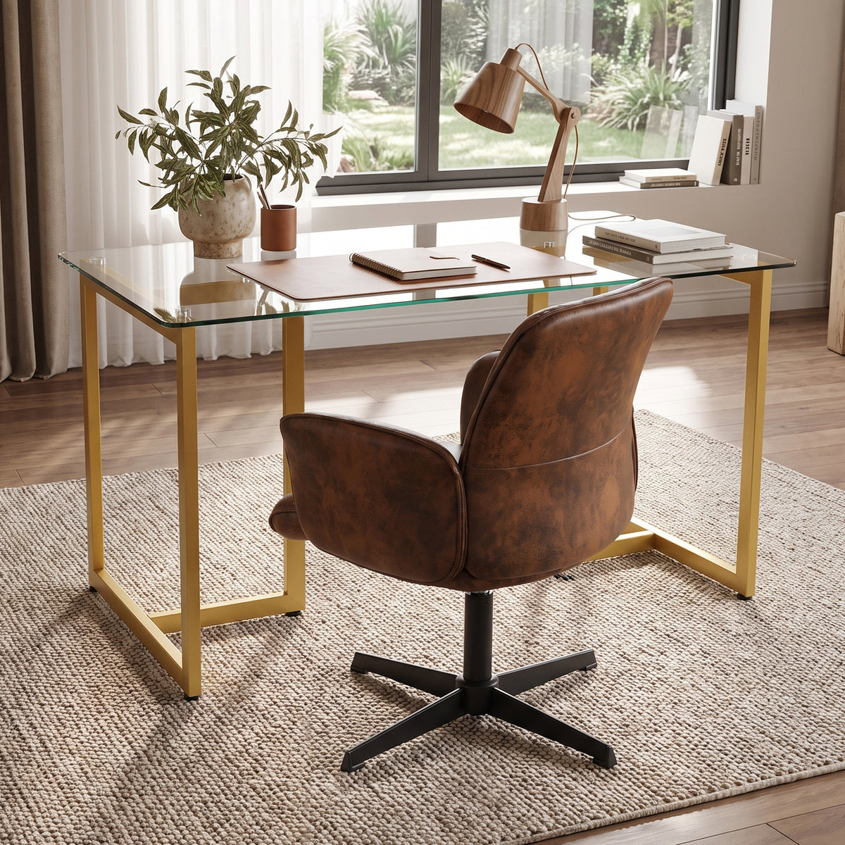 Homy Casa SLIP+THOMASINA 2PC Home Office Set 47.2” Glass Desk with Adjustable Swivel Armchair in Gold and Brown Open Box