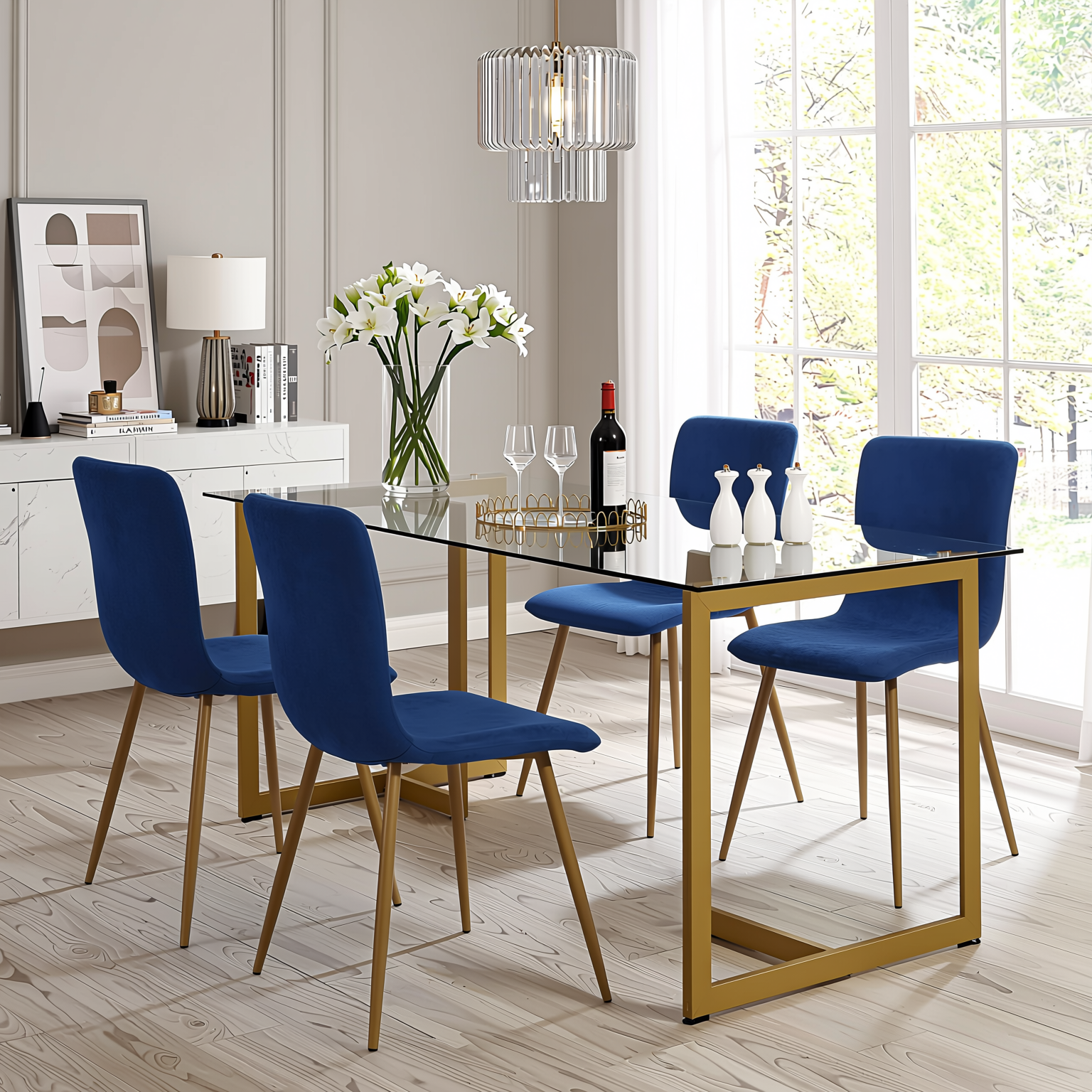 Homy Casa SLIP+SCARGILL 5PC Dining Set 55.1" Glass Table with 4 Blue Upholstered Dining Chairs in Gold Open Box