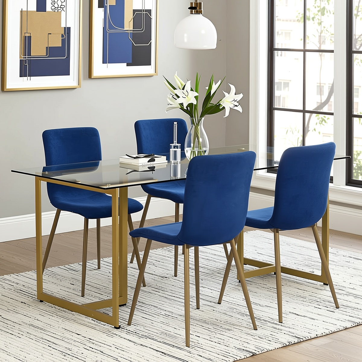 Homy Casa SLIP+SCARGILL 5PC Dining Set 55.1" Glass Table with 4 Blue Upholstered Dining Chairs in Gold Open Box