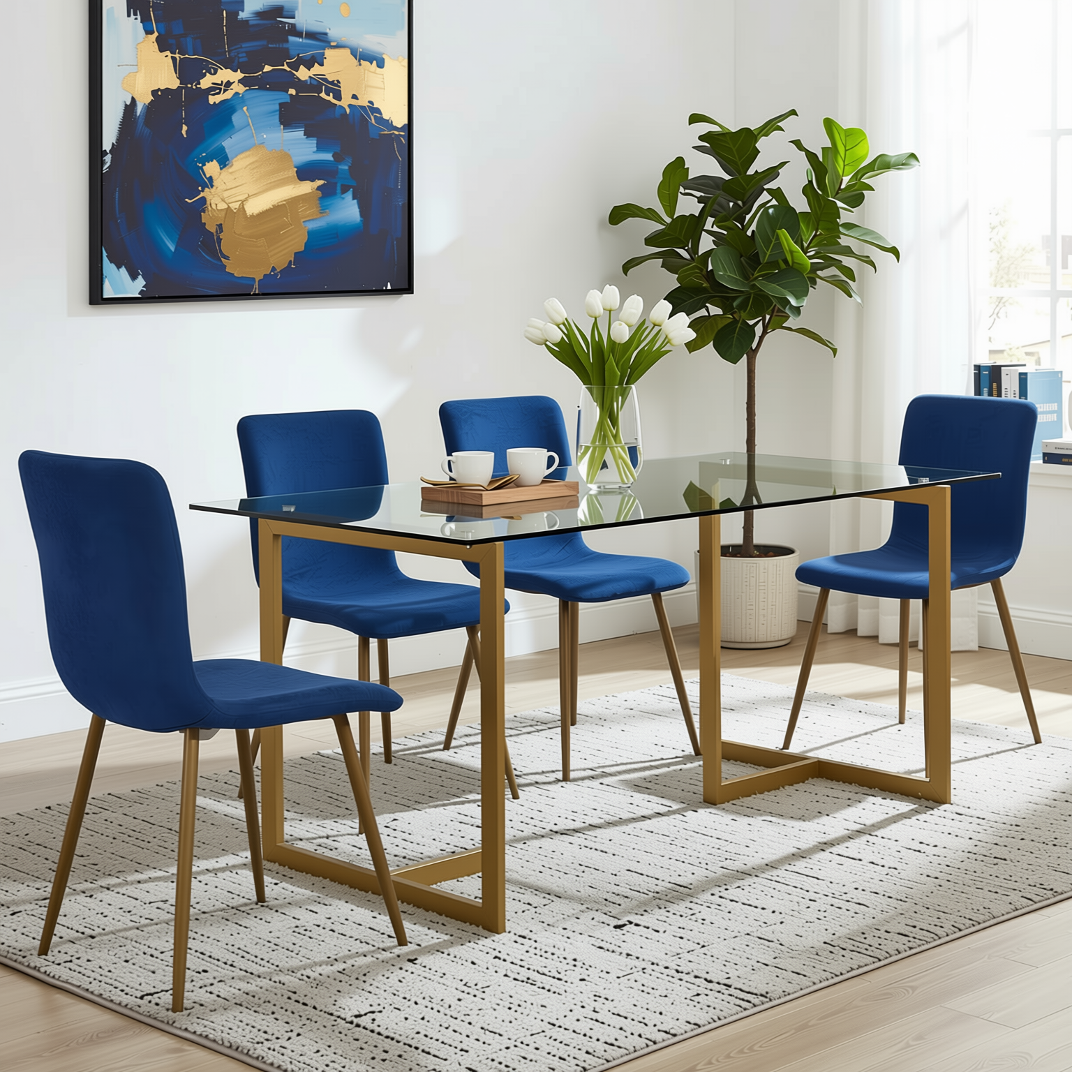 Homy Casa SLIP+SCARGILL 5PC Dining Set 55.1" Glass Table with 4 Blue Upholstered Dining Chairs in Gold Open Box