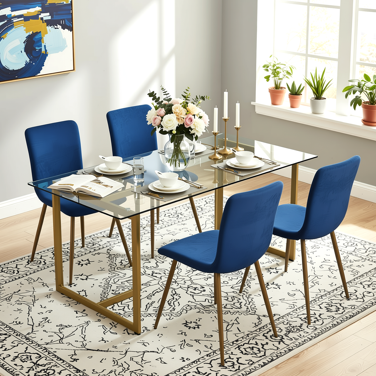 Homy Casa SLIP+SCARGILL 5PC Dining Set 55.1" Glass Table with 4 Blue Upholstered Dining Chairs in Gold Open Box