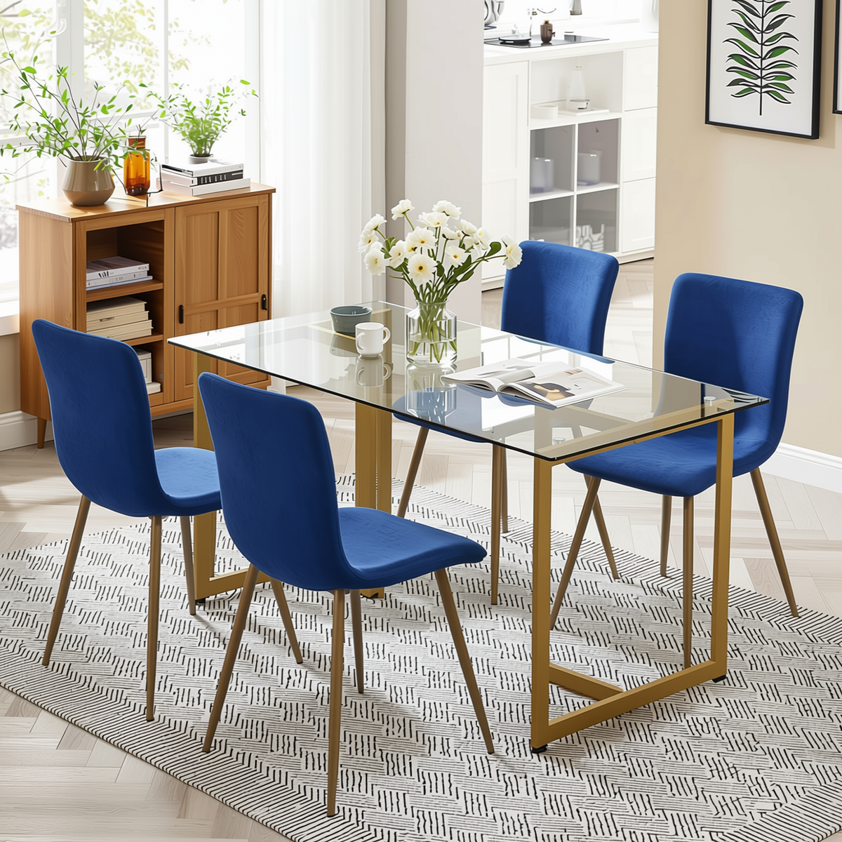 Homy Casa SLIP+SCARGILL 5PC Dining Set 55.1" Glass Table with 4 Blue Upholstered Dining Chairs in Gold Open Box