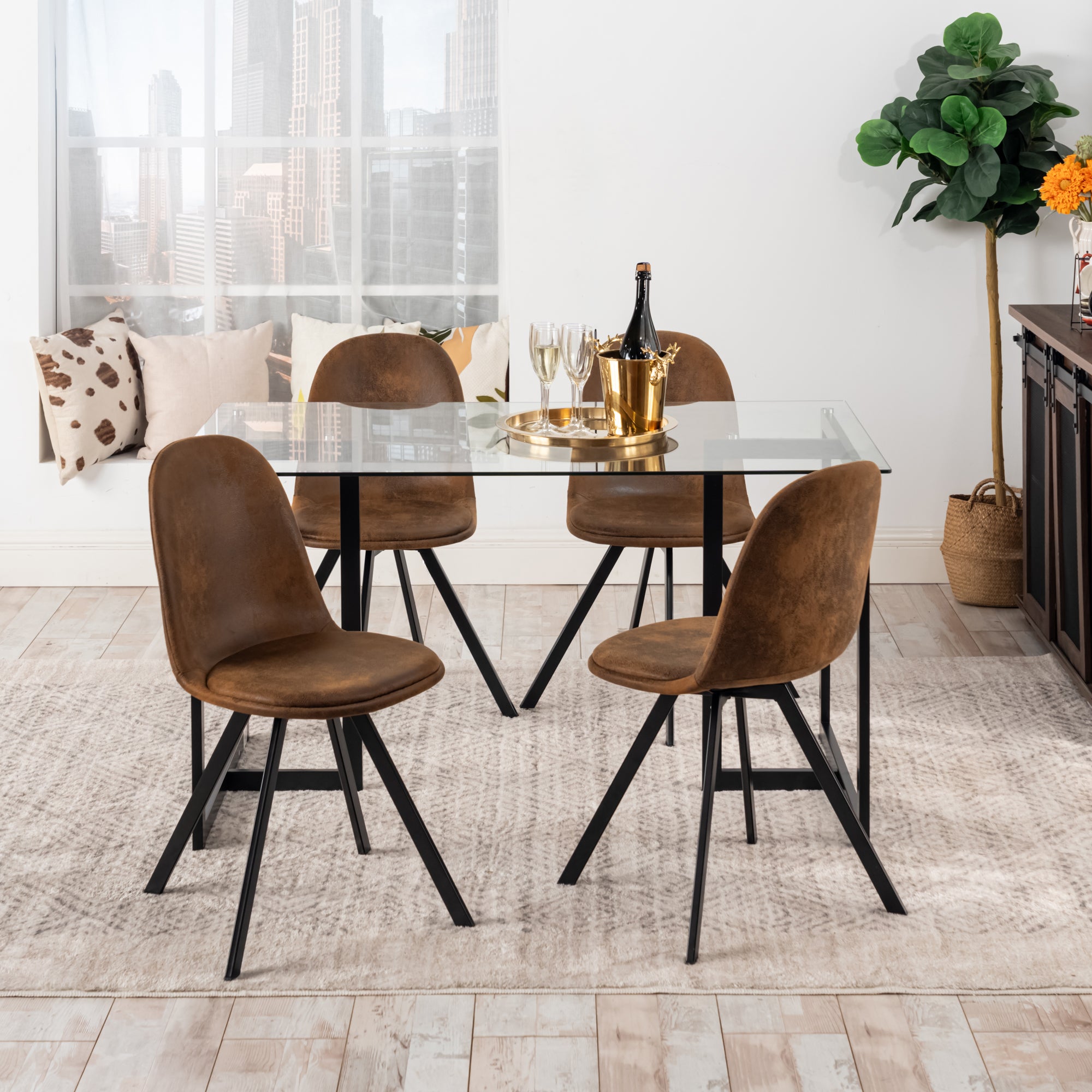 Slip 5 Piece Glass Table & Sunflower Swivel Dining Set, Suede Brown