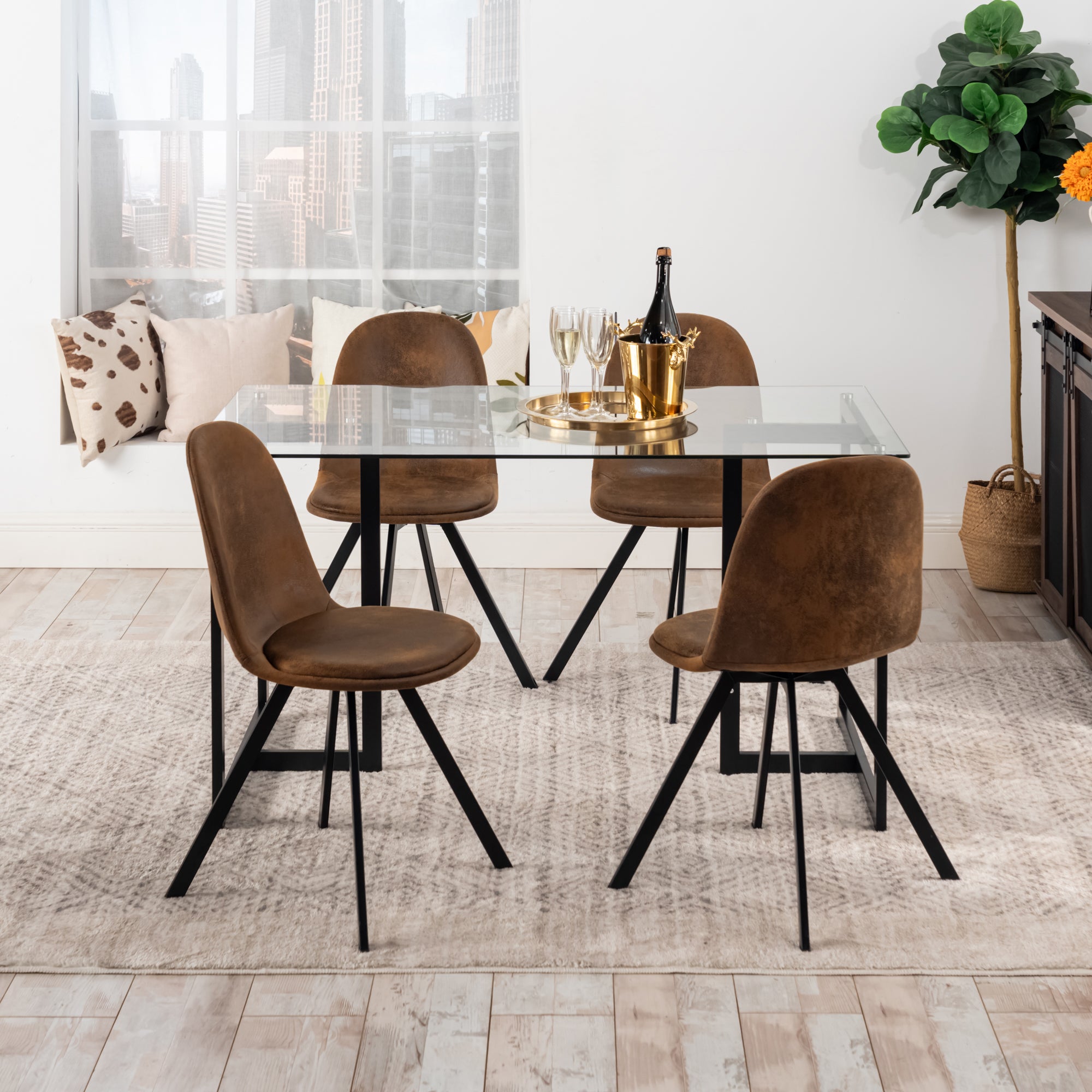Slip 5 Piece Glass Table & Sunflower Swivel Dining Set, Suede Brown