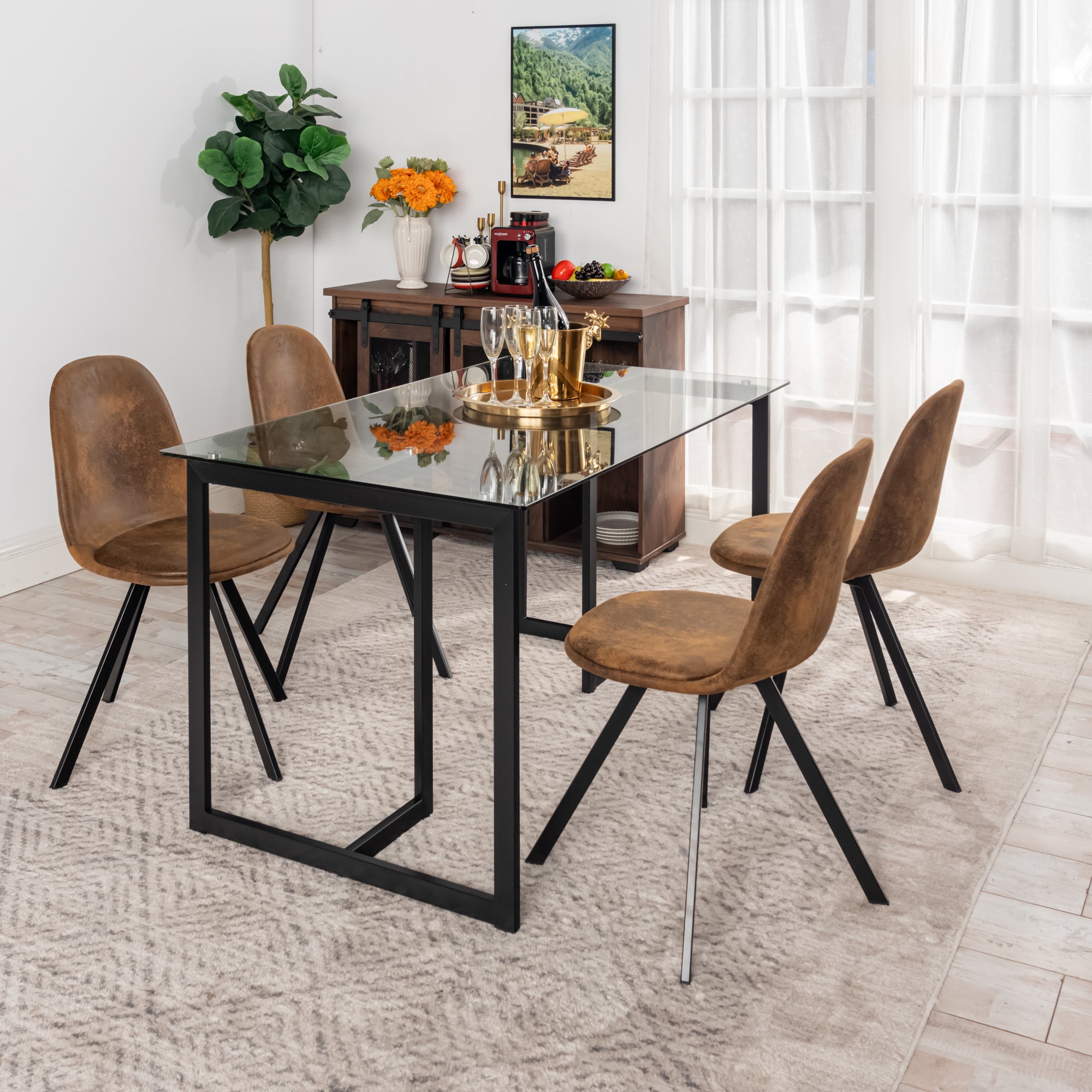 Slip 5 Piece Glass Table & Sunflower Swivel Dining Set, Suede Brown