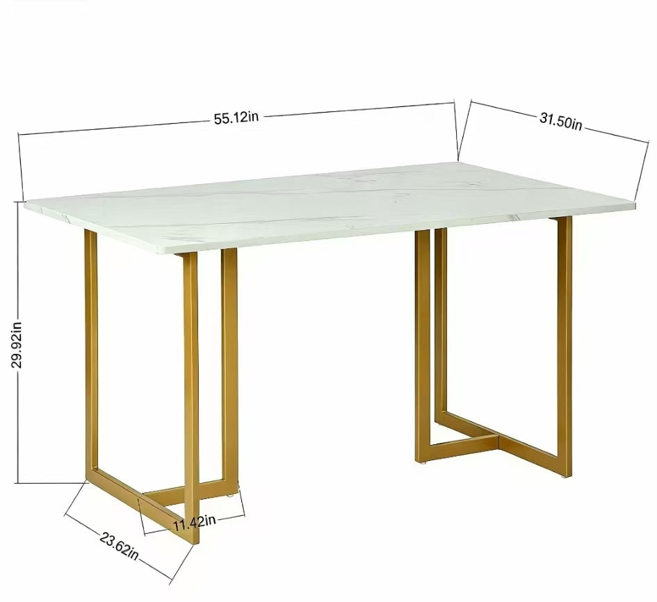Homy Casa Slip 7PC Dining Set 55” White Marble Finish Table with Gold Base and 6 Smeg Velvet Chairs in Cactus Green