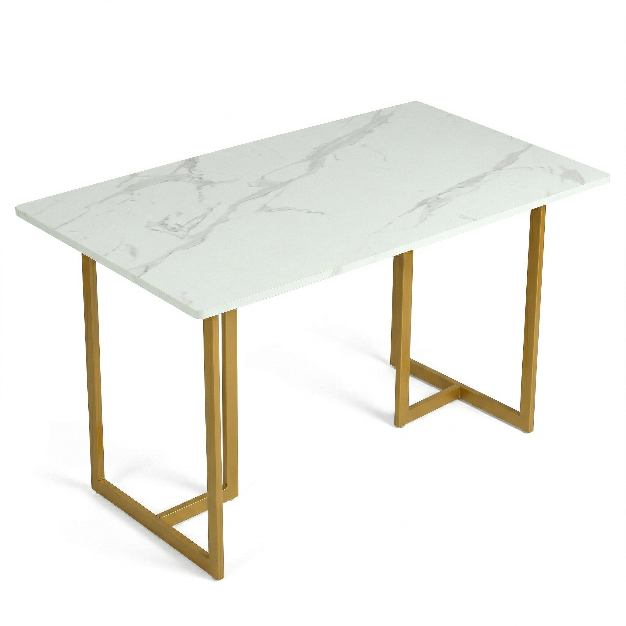 Homy Casa Slip 5PC White Marble Dining Set 55” Table with Gold Metal Base and 4 Douro Grey Fabric Chairs