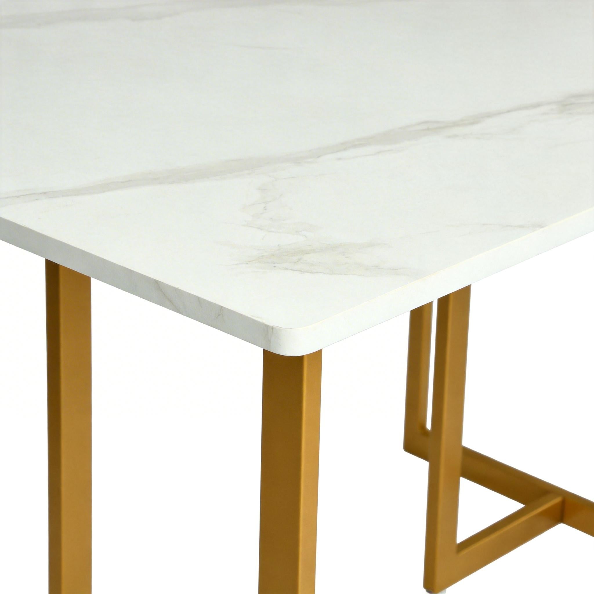 Homy Casa Slip 3PC White Marble Dining Set 55” Table with Golden Base and 2 Scargill Vintage Brown Chairs