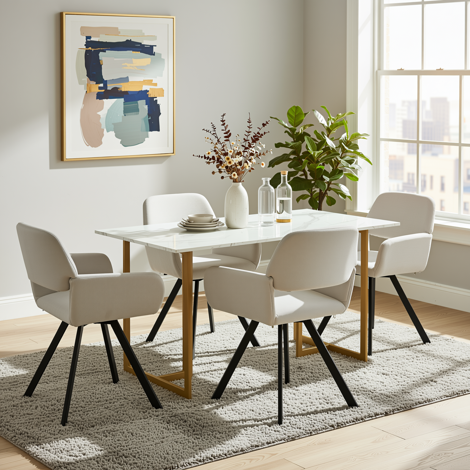Homy Casa Slip 5PC White Marble Dining Set 55” Table with Gold Base and 4 California Fabric Chairs in Beige