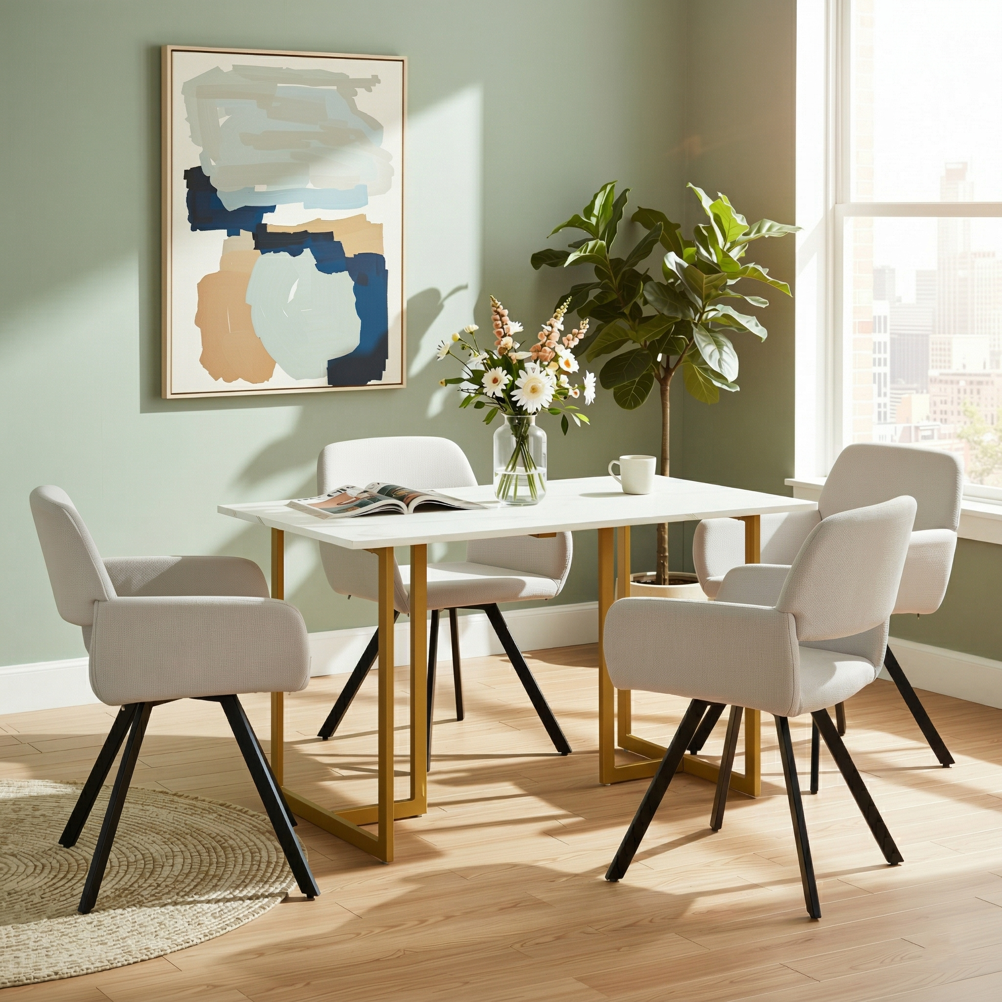 Homy Casa Slip 5PC White Marble Dining Set 55” Table with Gold Base and 4 California Fabric Chairs in Beige
