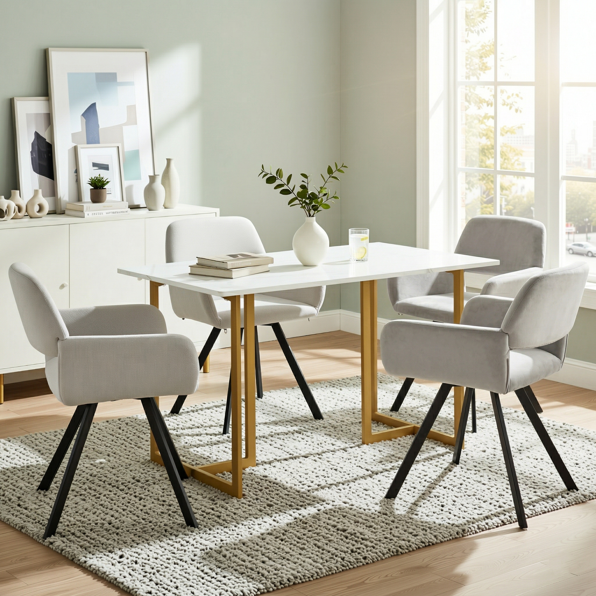 Homy Casa Slip 5PC White Marble Dining Set 55” Table with Gold Base and 4 California Fabric Chairs in Beige