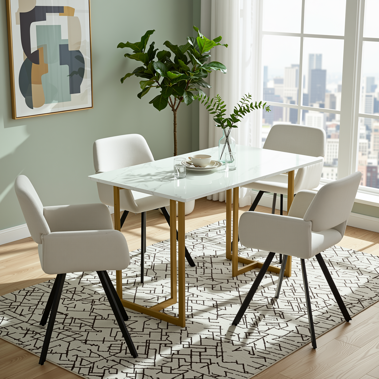 Homy Casa Slip 5PC White Marble Dining Set 55” Table with Gold Base and 4 California Fabric Chairs in Beige