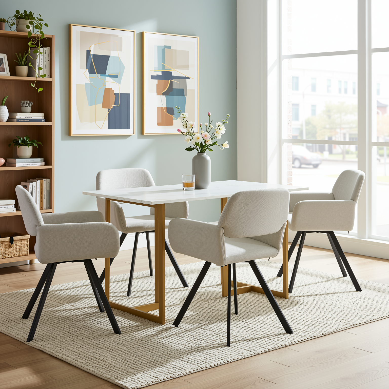 Homy Casa Slip 5PC White Marble Dining Set 55” Table with Gold Base and 4 California Fabric Chairs in Beige