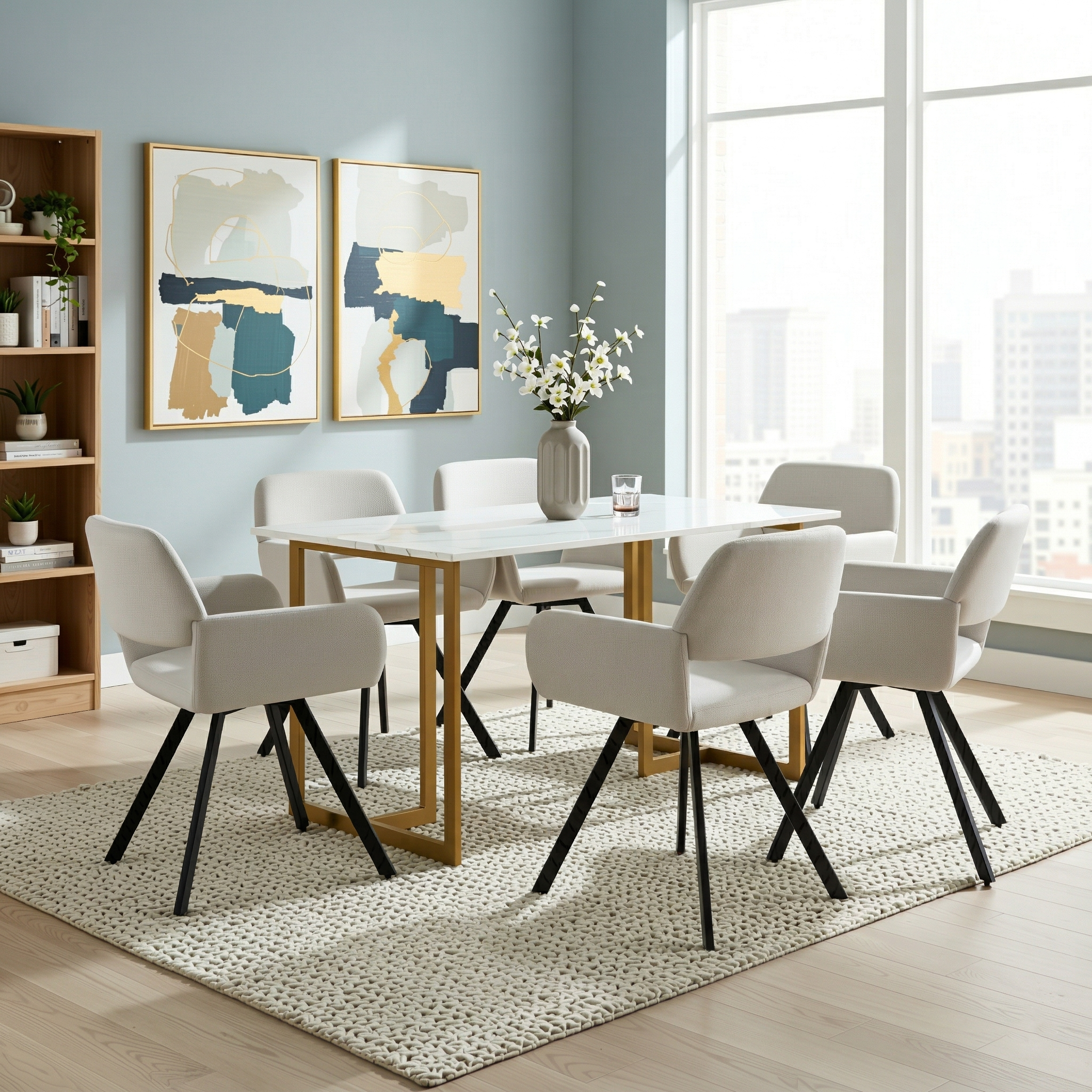 Homy Casa Slip 7PC White Marble Dining Set 55” Table with Gold Base and 6 California Fabric Chairs in Beige