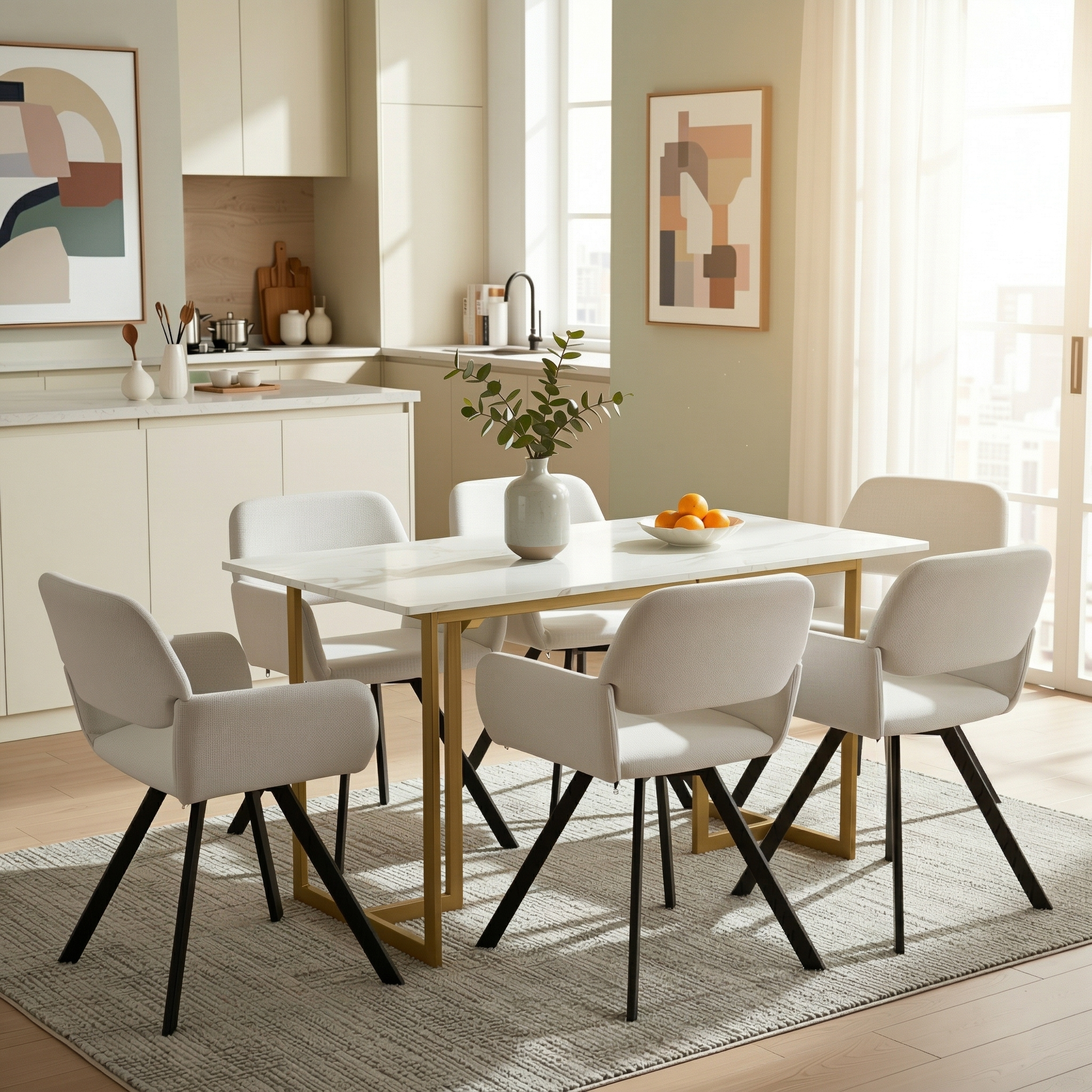 Homy Casa Slip 7PC White Marble Dining Set 55” Table with Gold Base and 6 California Fabric Chairs in Beige
