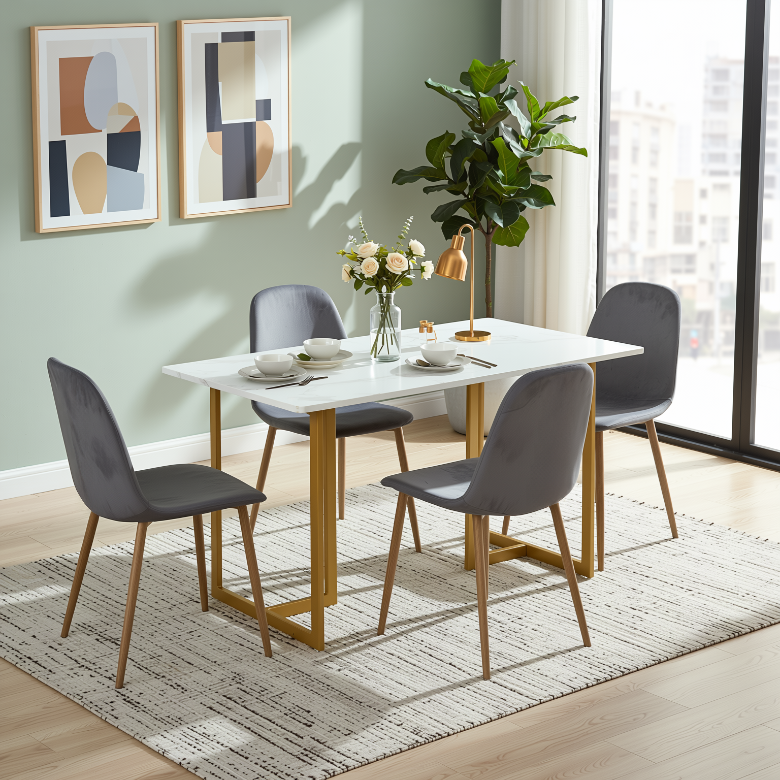 Homy Casa Slip 5PC White Marble Dining Set 55” Table with Gold Base and 4 Charlton Velvet Chairs in Grey