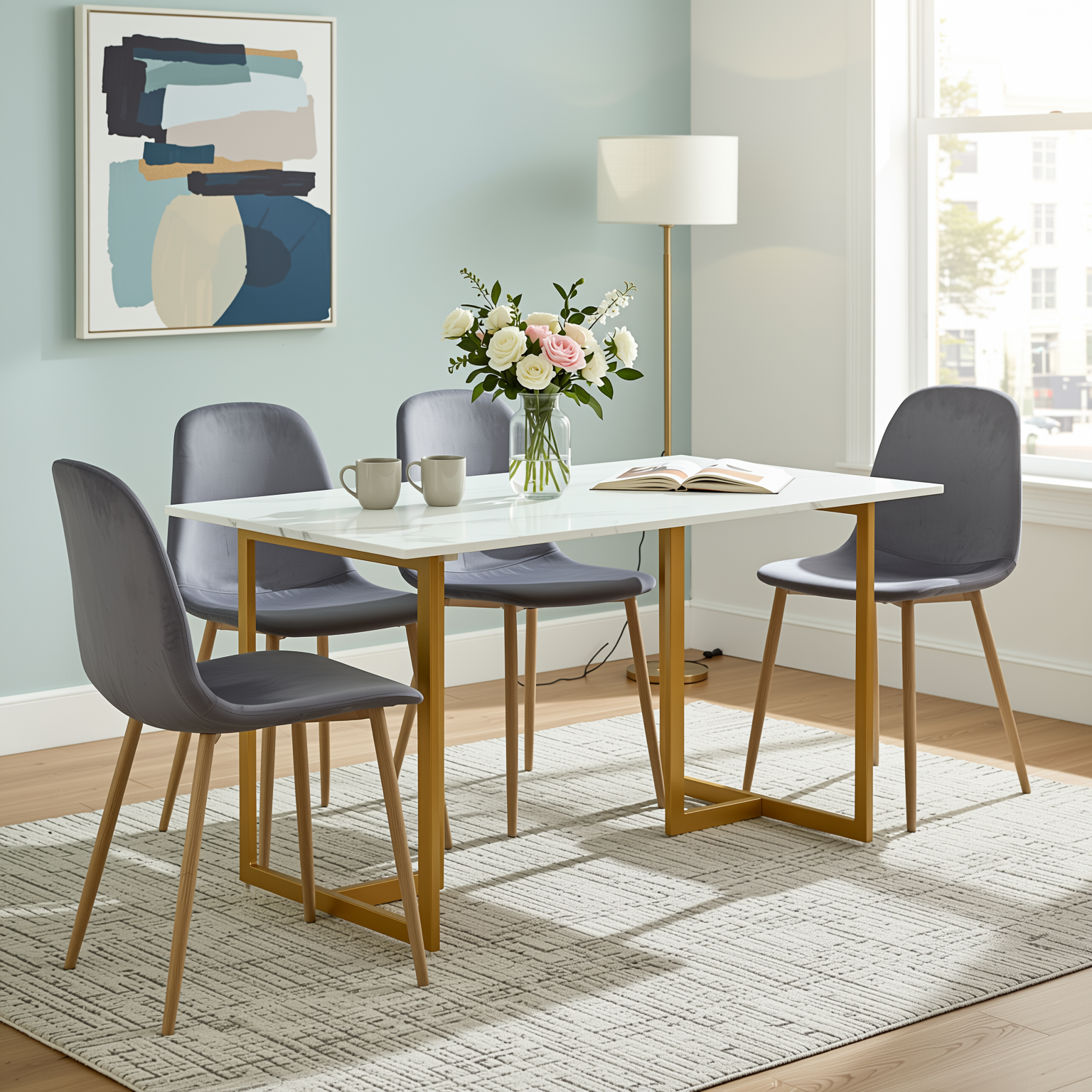 Homy Casa Slip 5PC White Marble Dining Set 55” Table with Gold Base and 4 Charlton Velvet Chairs in Grey