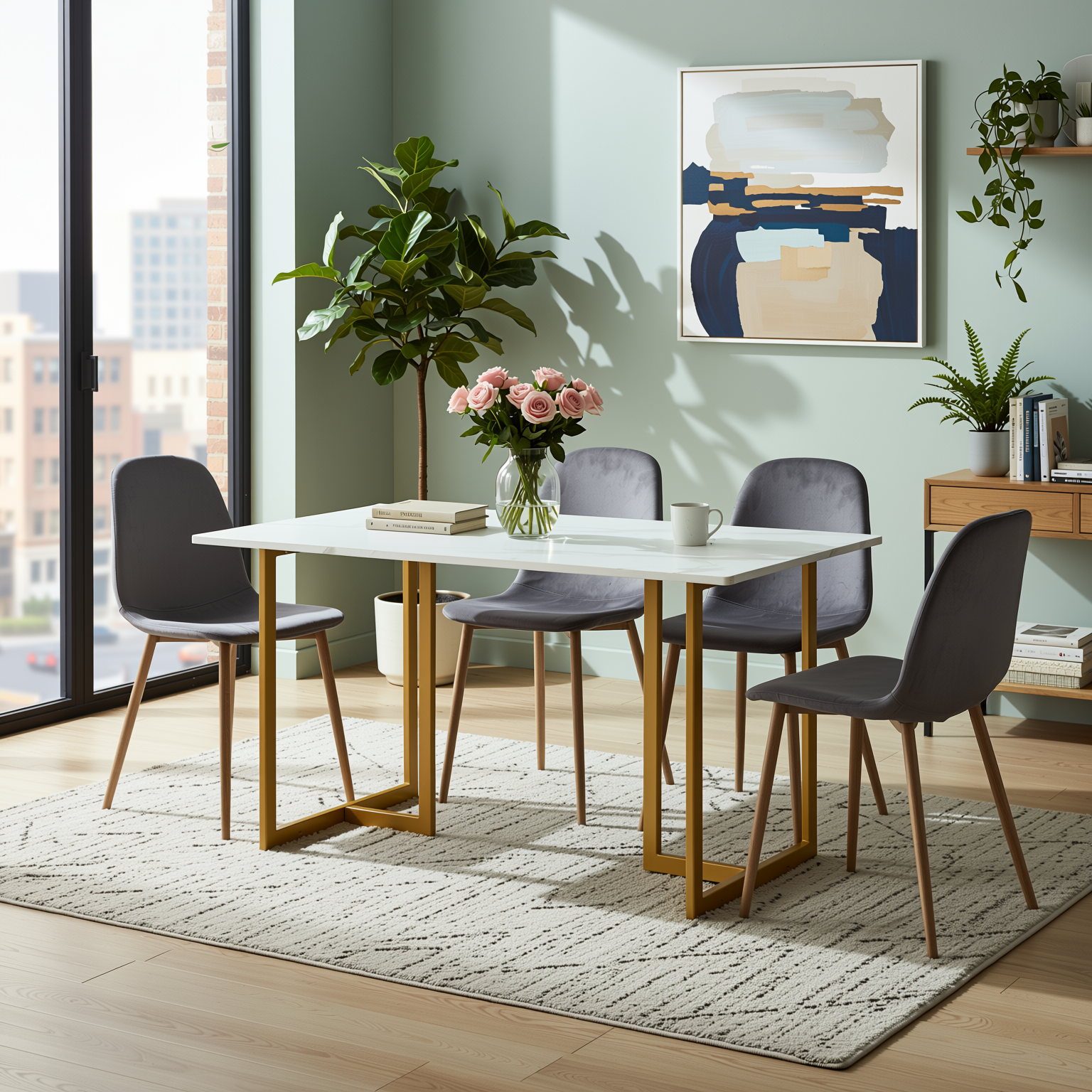 Homy Casa Slip 5PC White Marble Dining Set 55” Table with Gold Base and 4 Charlton Velvet Chairs in Grey