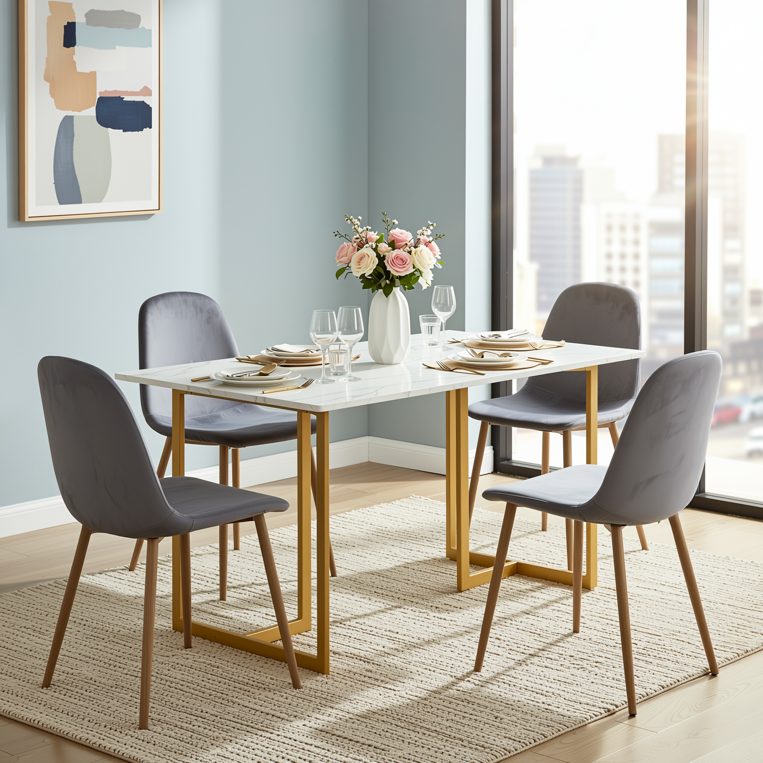 Homy Casa Slip 5PC White Marble Dining Set 55” Table with Gold Base and 4 Charlton Velvet Chairs in Grey