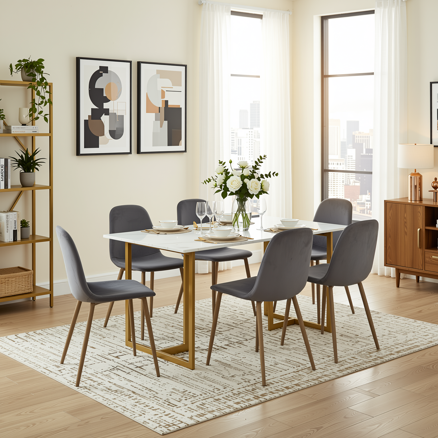 Homy Casa Slip 7PC White Marble Dining Set 55” Table with Gold Base and 6 Charlton Velvet Chairs in Grey