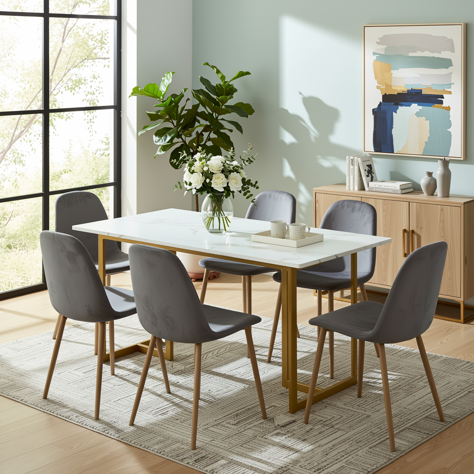 Homy Casa Slip 7PC White Marble Dining Set 55” Table with Gold Base and 6 Charlton Velvet Chairs in Grey