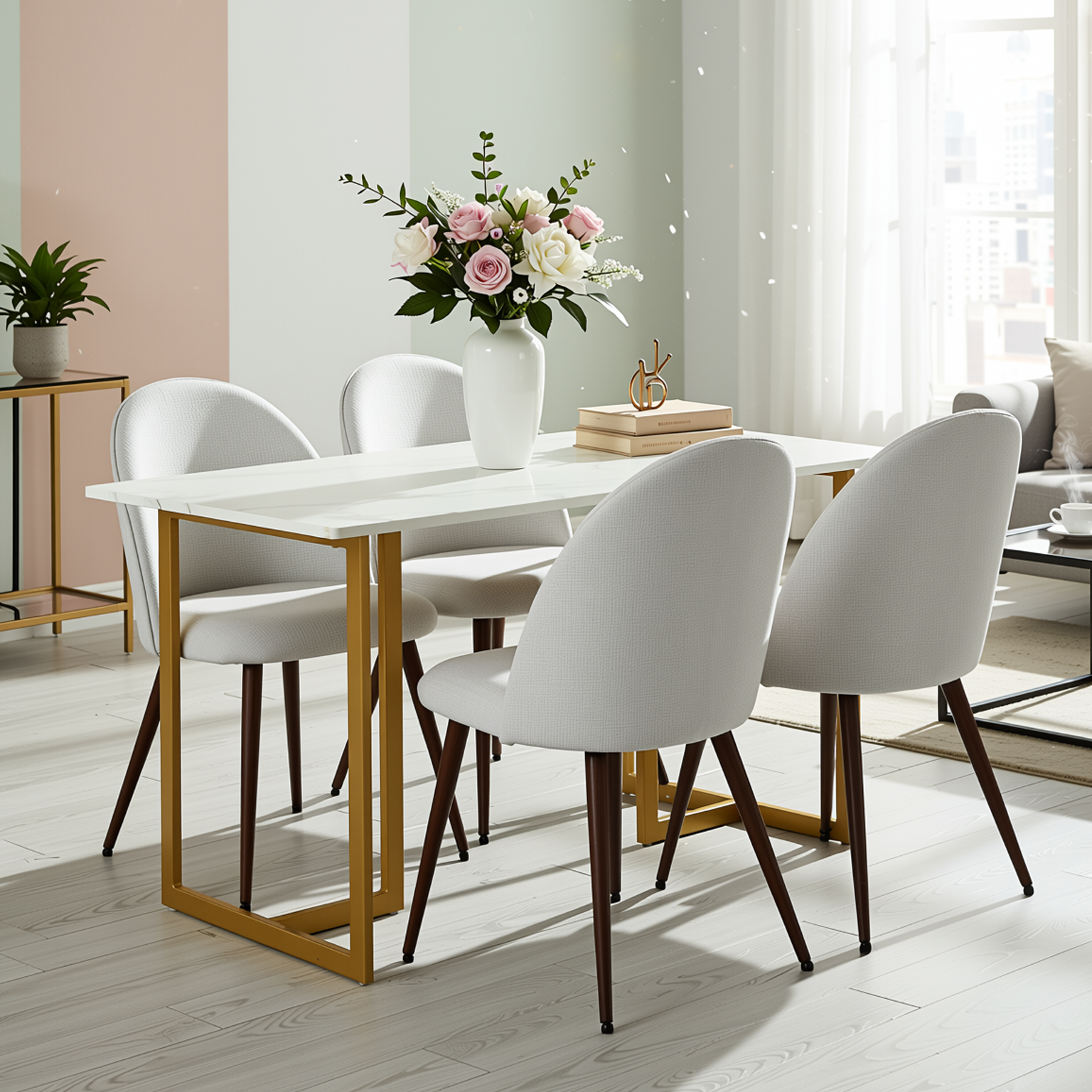 Homy Casa Slip 5PC White Marble Dining Set 55” Table with Gold Base and 4 Haven Fabric Chairs in Beige
