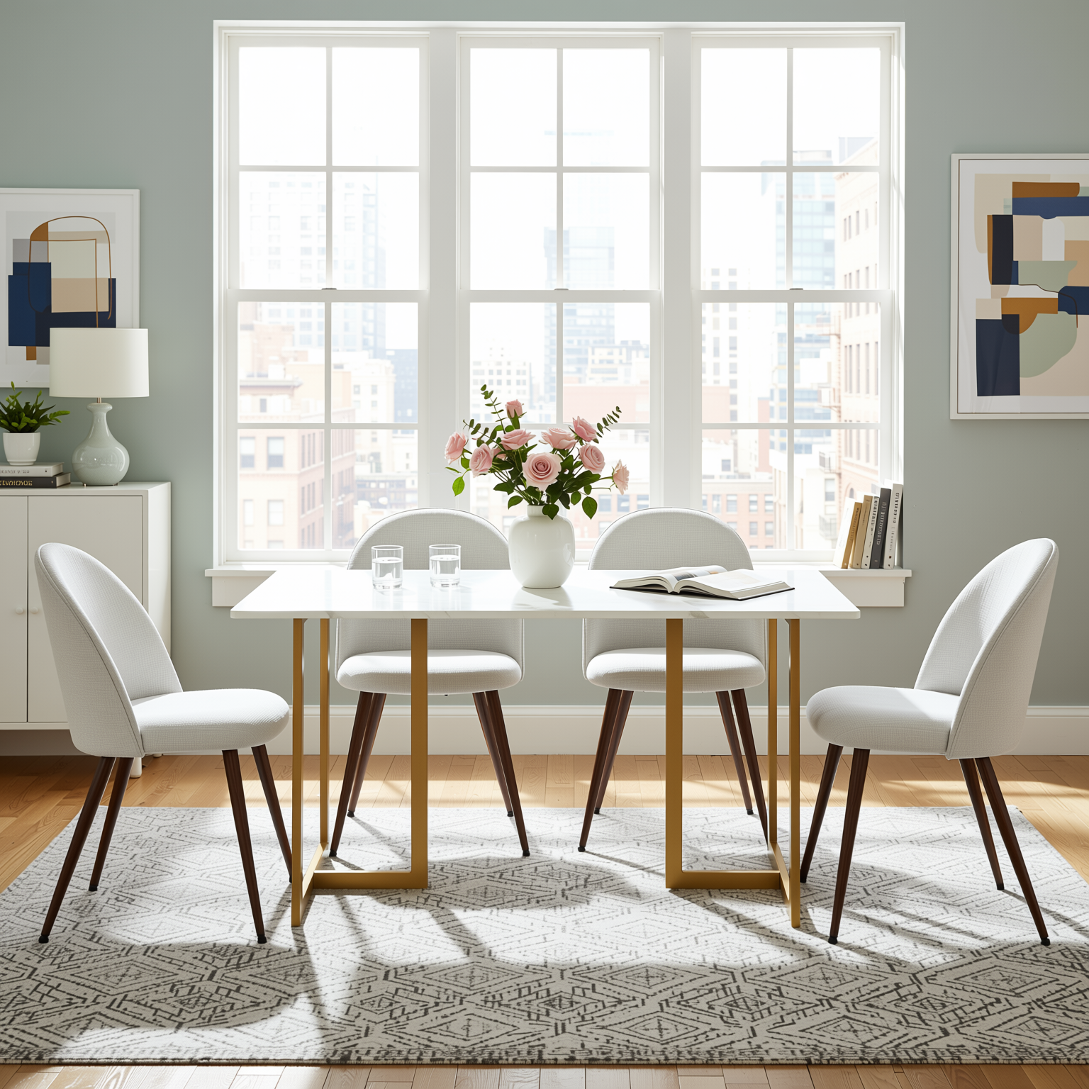 Homy Casa Slip 5PC White Marble Dining Set 55” Table with Gold Base and 4 Haven Fabric Chairs in Beige