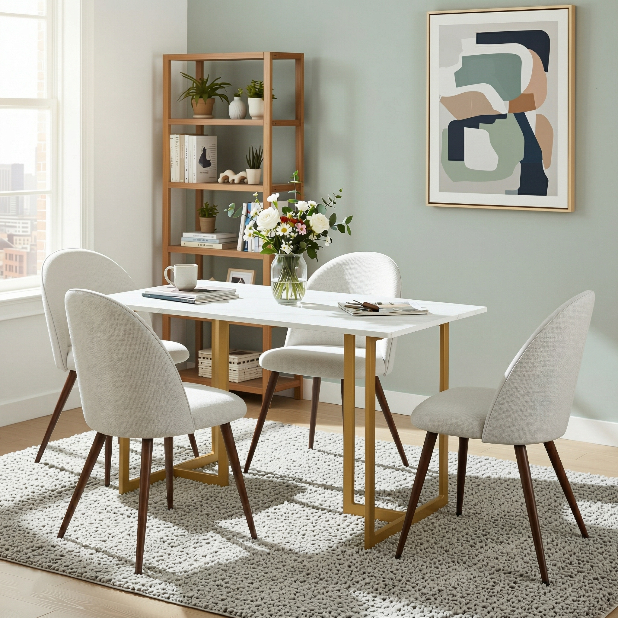 Homy Casa Slip 5PC White Marble Dining Set 55” Table with Gold Base and 4 Haven Fabric Chairs in Beige