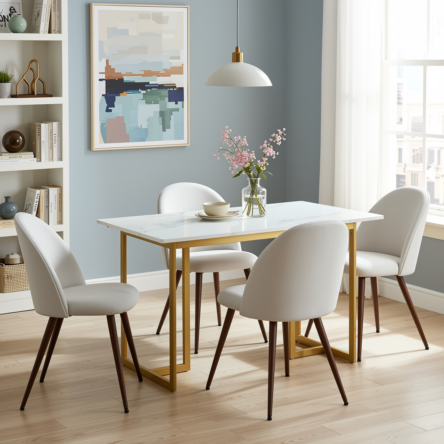 Homy Casa Slip 5PC White Marble Dining Set 55” Table with Gold Base and 4 Haven Fabric Chairs in Beige