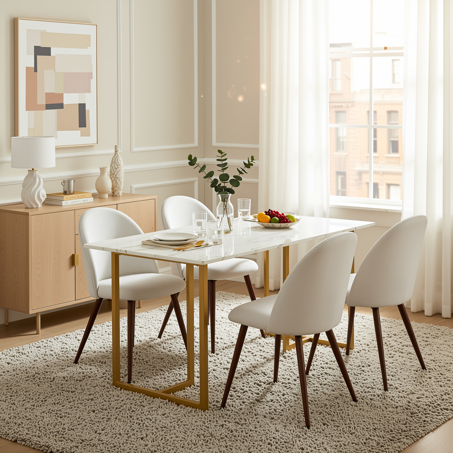 Homy Casa Slip 5PC White Marble Dining Set 55” Table with Gold Base and 4 Haven Fabric Chairs in Beige