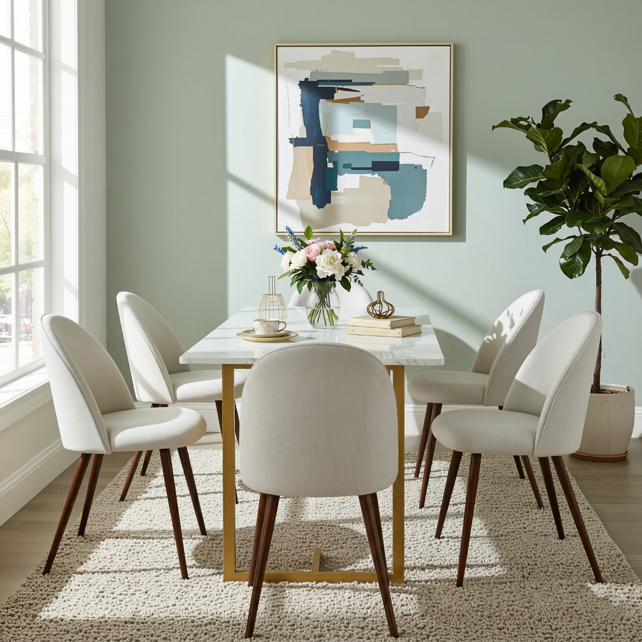Homy Casa Slip 7PC White Marble Dining Set 55” Table with Gold Base and 6 Haven Fabric Chairs in Beige