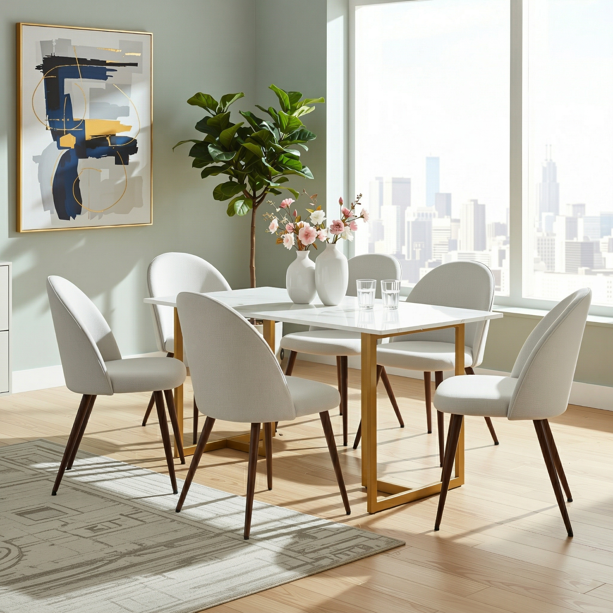 Homy Casa Slip 7PC White Marble Dining Set 55” Table with Gold Base and 6 Haven Fabric Chairs in Beige