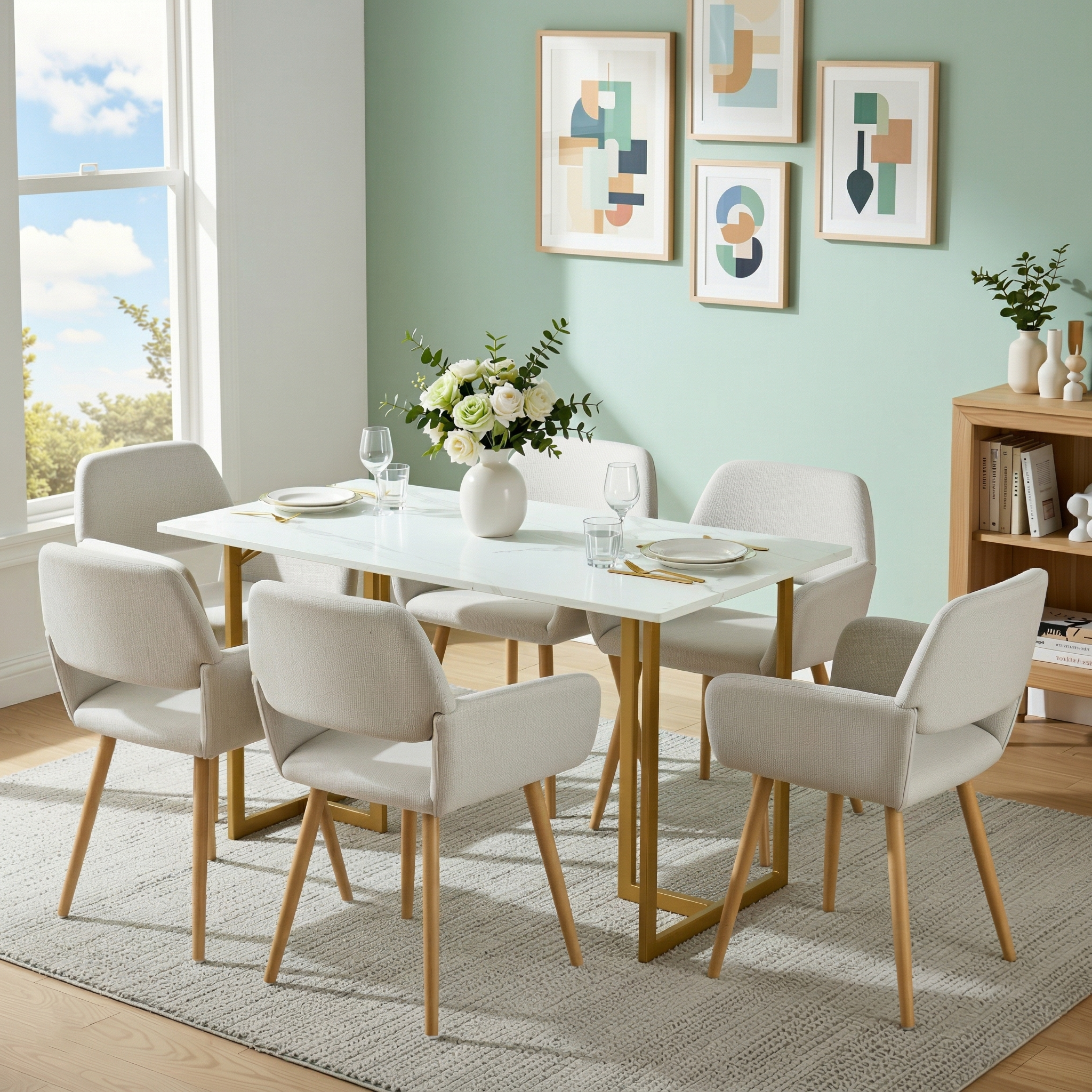 Homy Casa Slip 7PC White Marble Dining Set 55” Table with Gold Base and 6 Mayfair Fabric Chairs in Beige