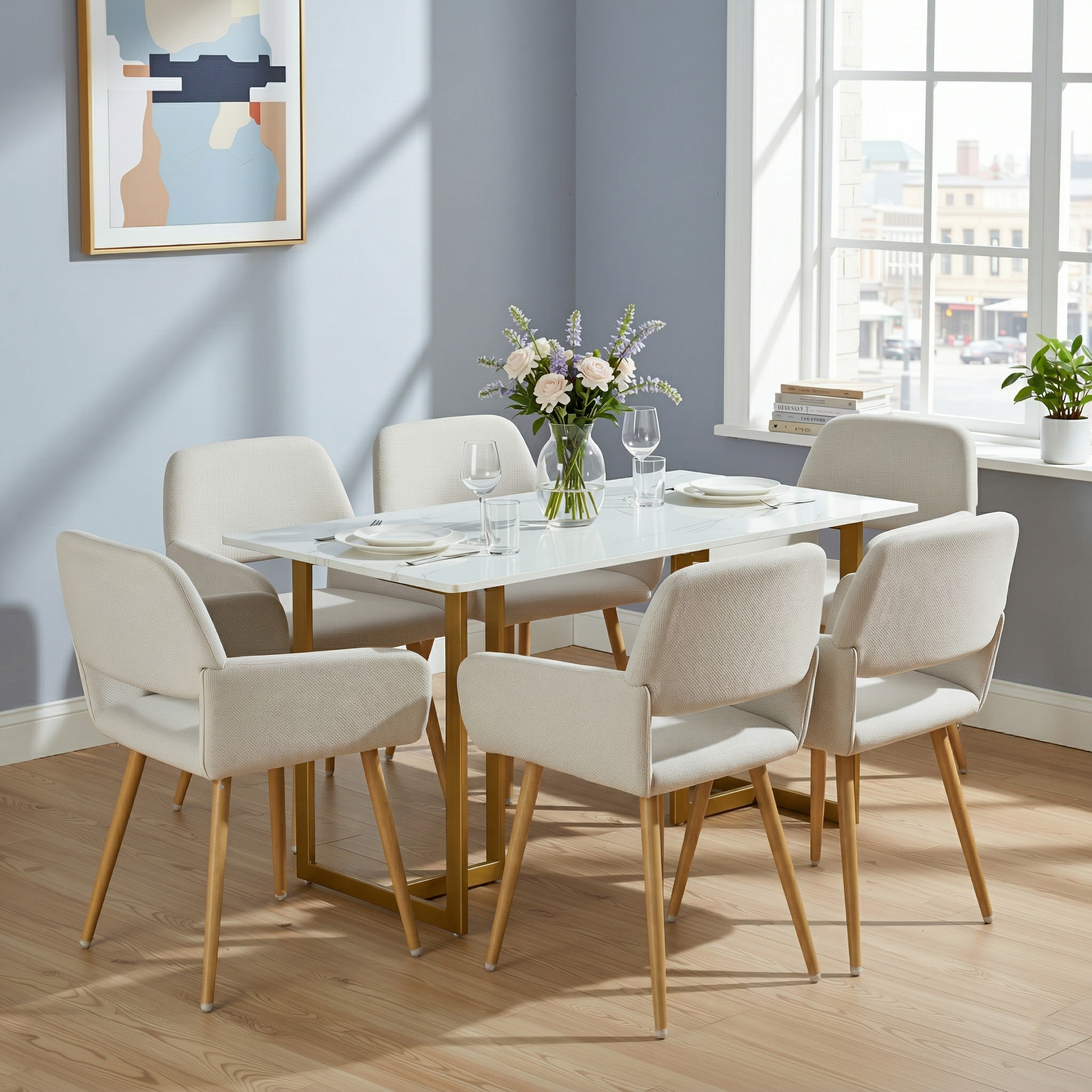 Homy Casa Slip 7PC White Marble Dining Set 55” Table with Gold Base and 6 Mayfair Fabric Chairs in Beige