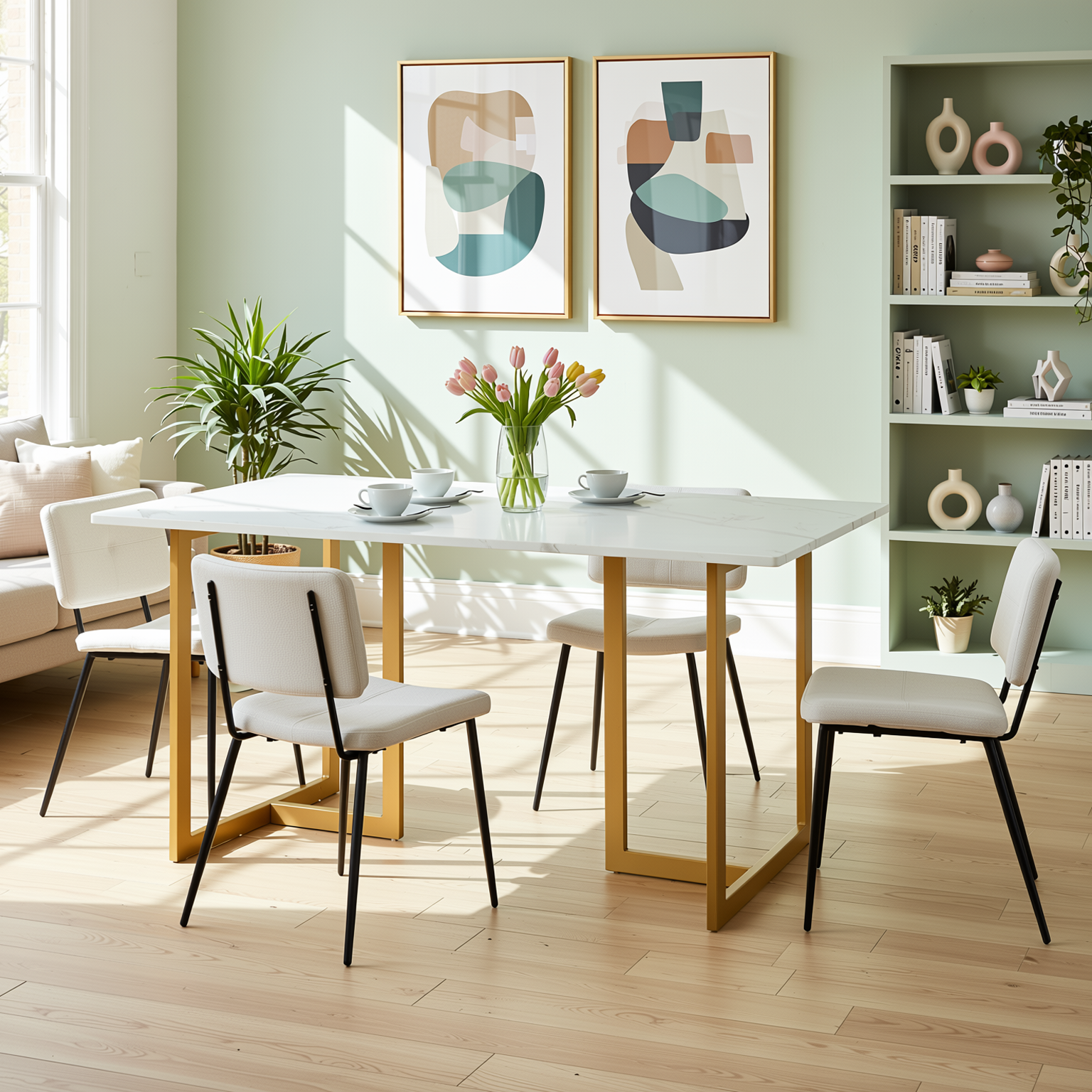 Homy Casa Slip 5PC White Marble Dining Set 55” Table with Gold Base and 4 Pomona Fabric Chairs in Beige