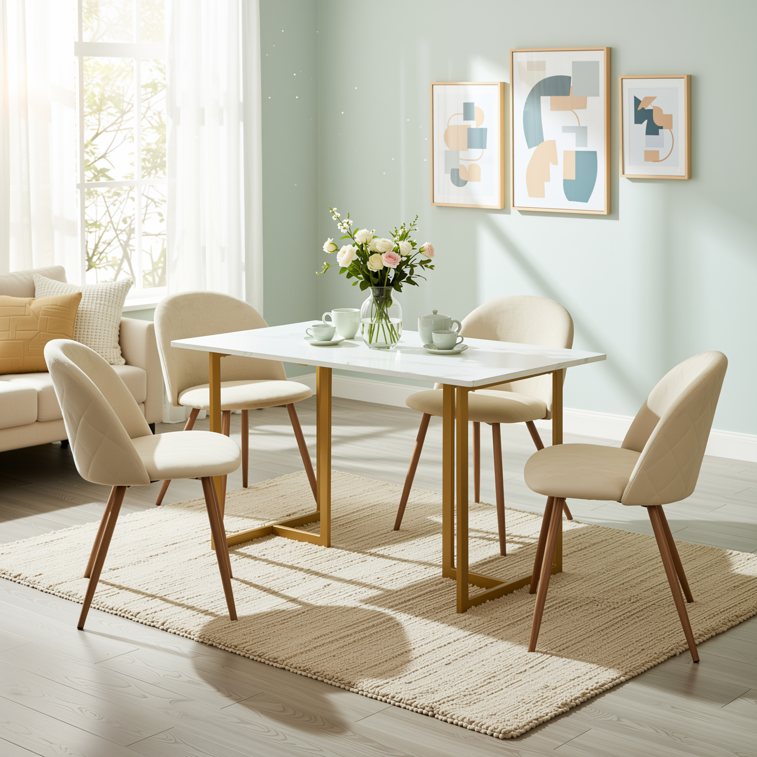 Homy Casa Slip 5PC White Marble Dining Set 55” Table with Gold Base and 4 Puz Fabric Chairs in Beige