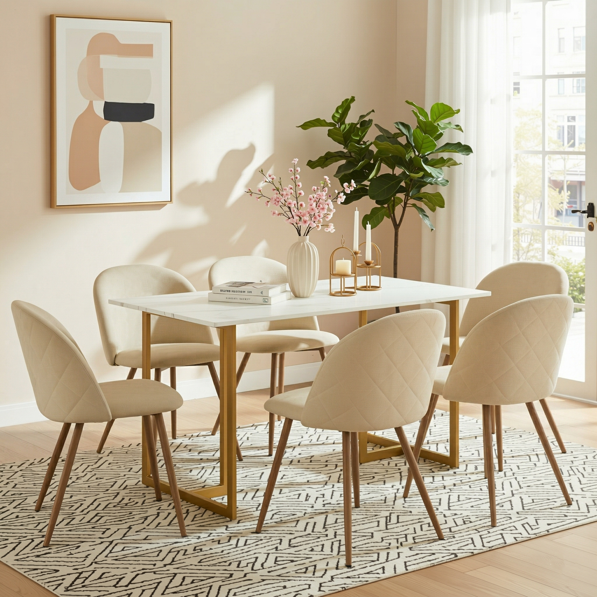Homy Casa Slip 7PC White Marble Dining Set 55” Table with Gold Base and 6 Puz Fabric Chairs in Beige