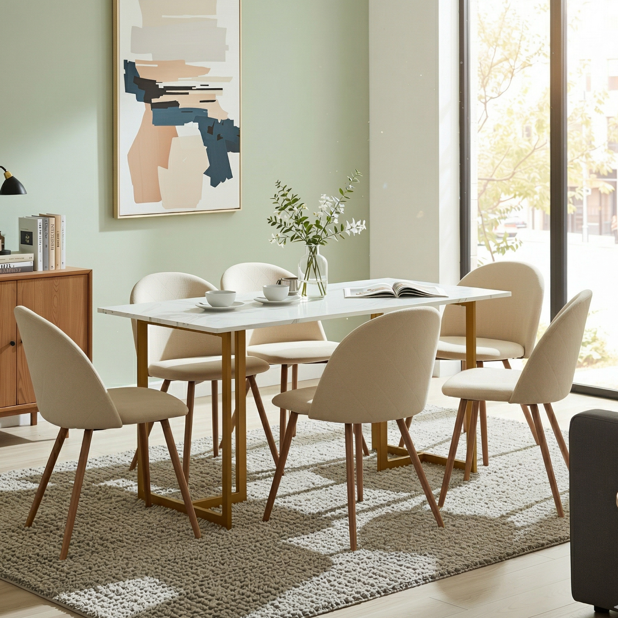 Homy Casa Slip 7PC White Marble Dining Set 55” Table with Gold Base and 6 Puz Fabric Chairs in Beige