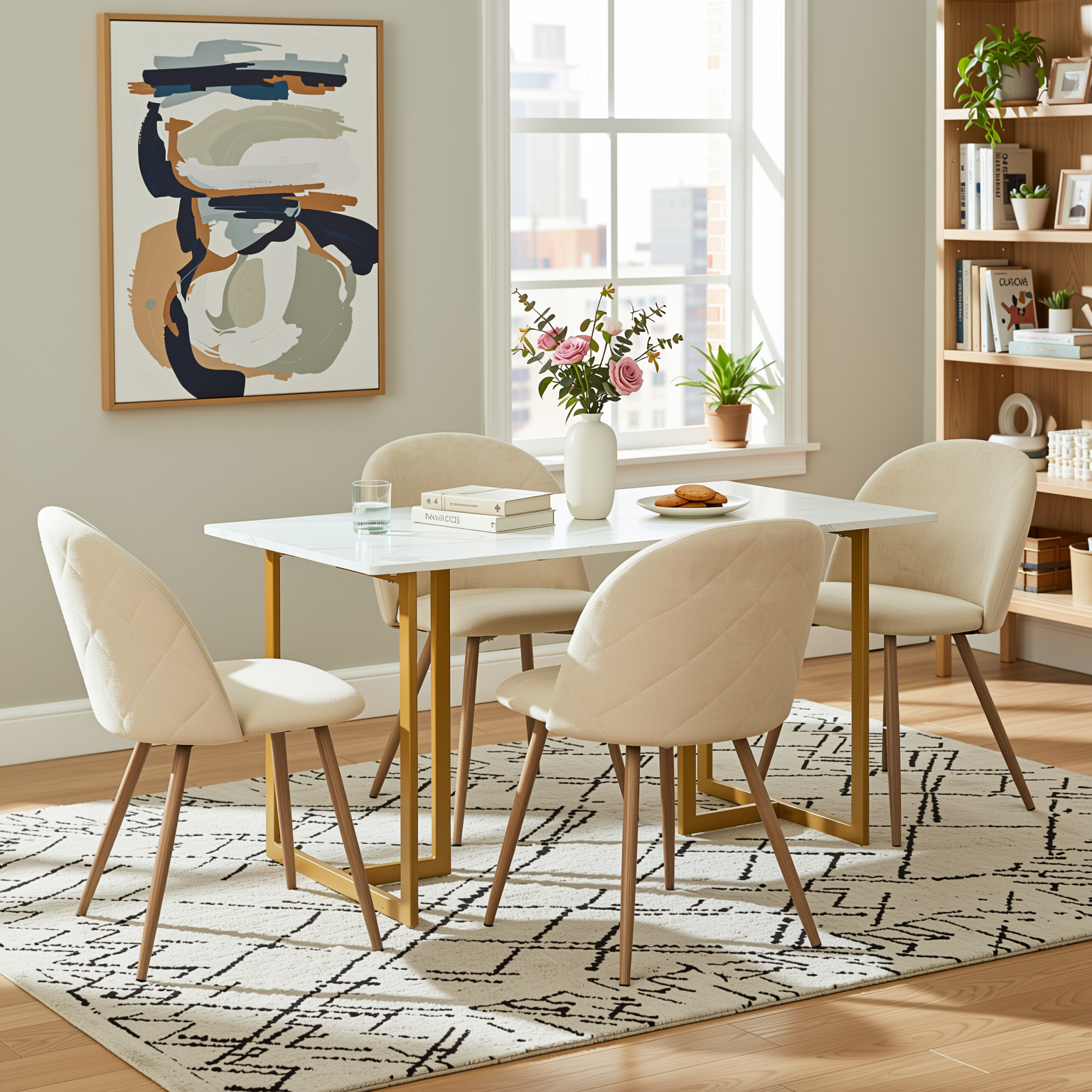 Homy Casa Slip 5PC White Marble Dining Set 55” Table with Gold Base and 4 Puz Fabric Chairs in Beige