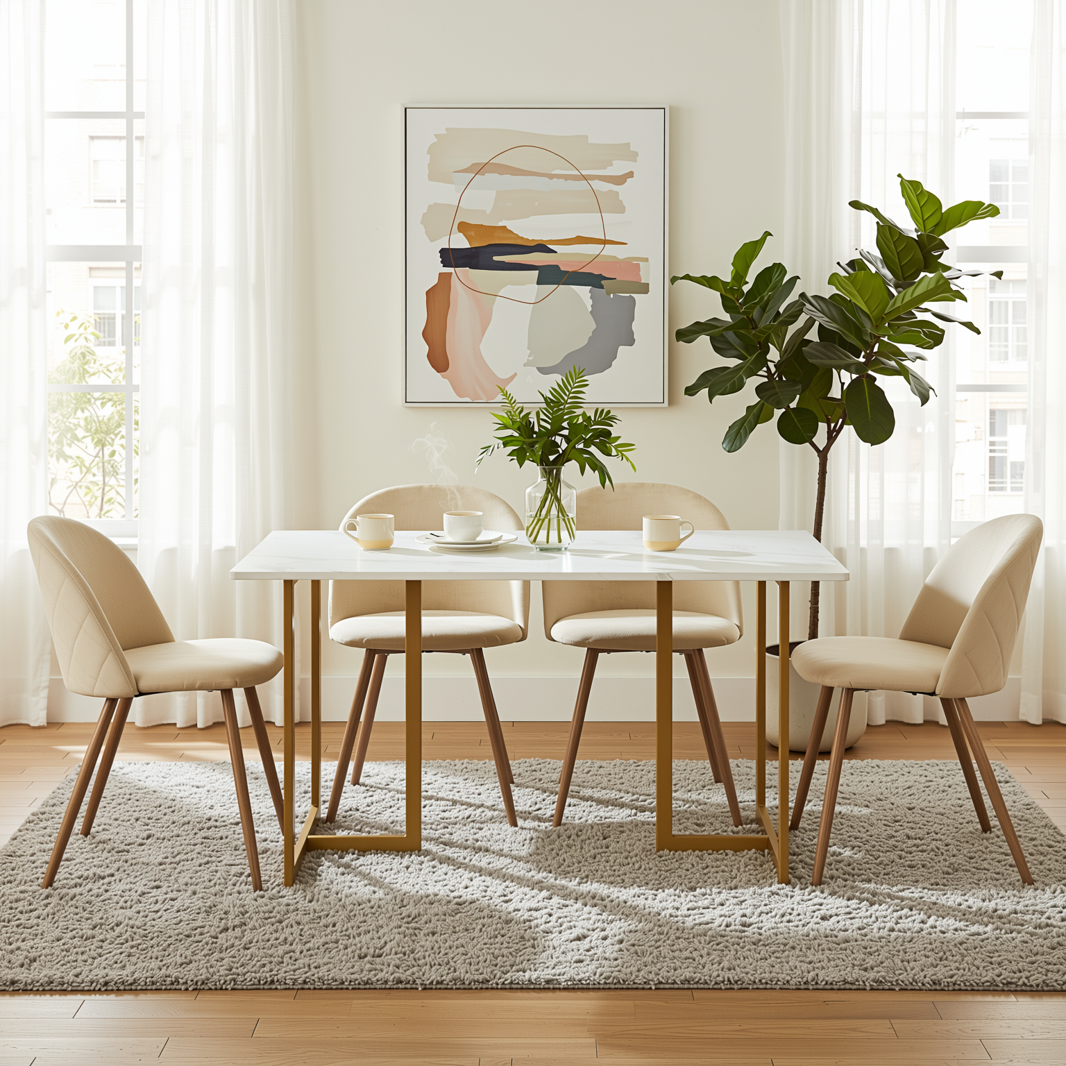 Homy Casa PUZ 4PC Modern Fabric Upholstered Dining Chairs with Metal Legs in Cream Beige