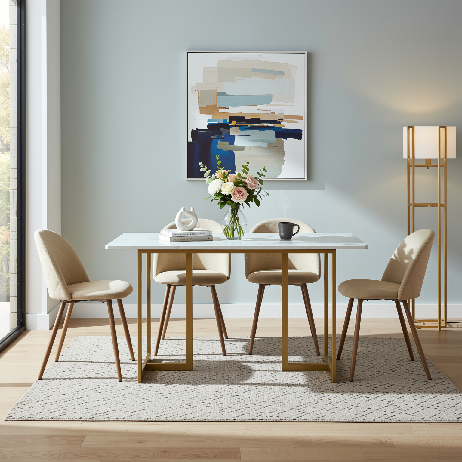 Homy Casa Slip 5PC White Marble Dining Set 55” Table with Gold Base and 4 Puz Fabric Chairs in Beige