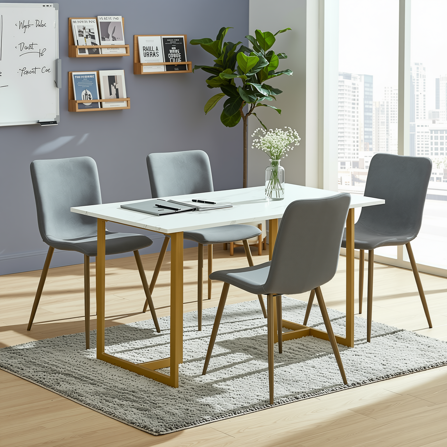 Homy Casa Slip 5PC White Marble Dining Set 55” Table with Golden Base and 4 Scargill Grey Chairs
