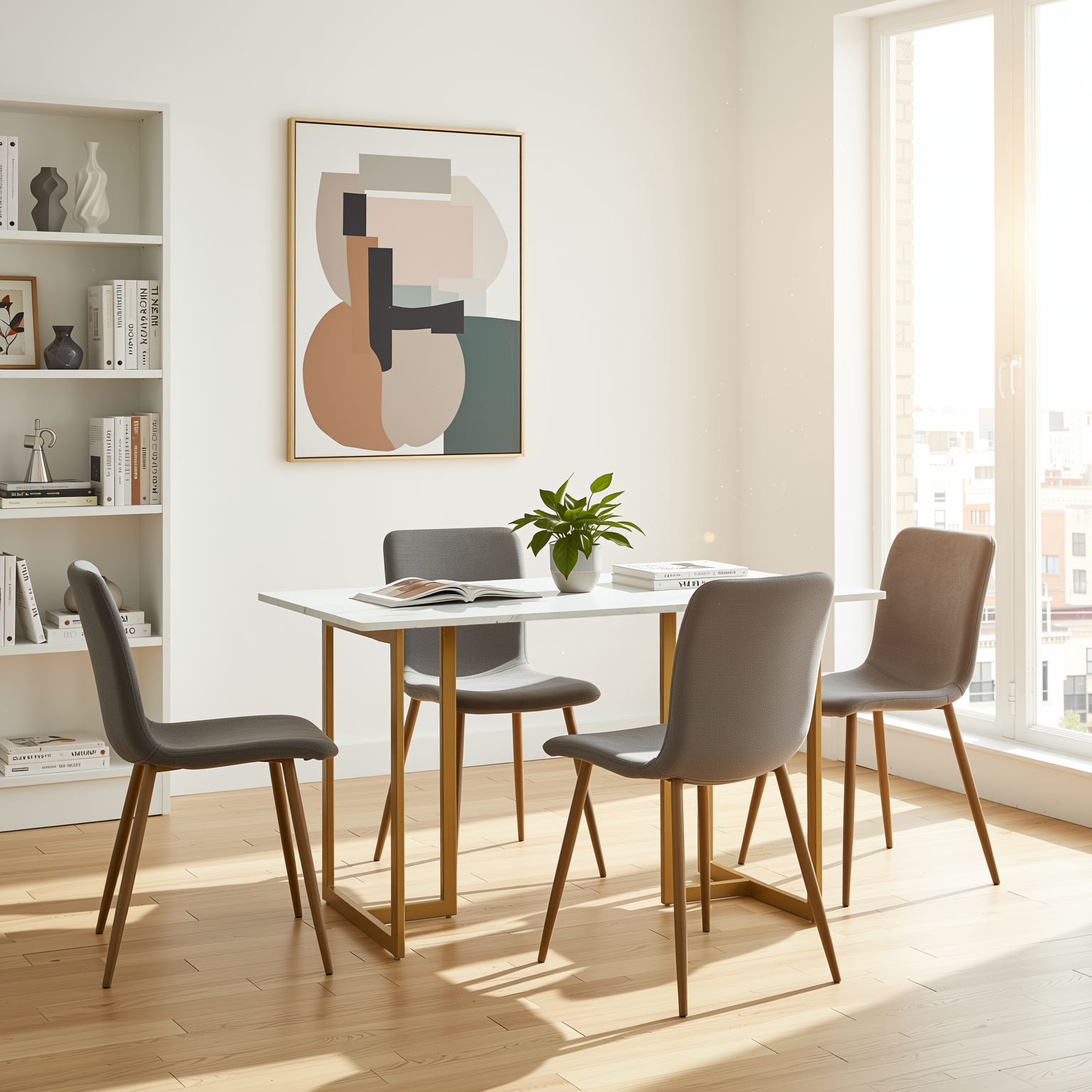 Homy Casa Slip 5PC White Marble Dining Set 55” Table with Golden Base and 4 Scargill Grey Chairs