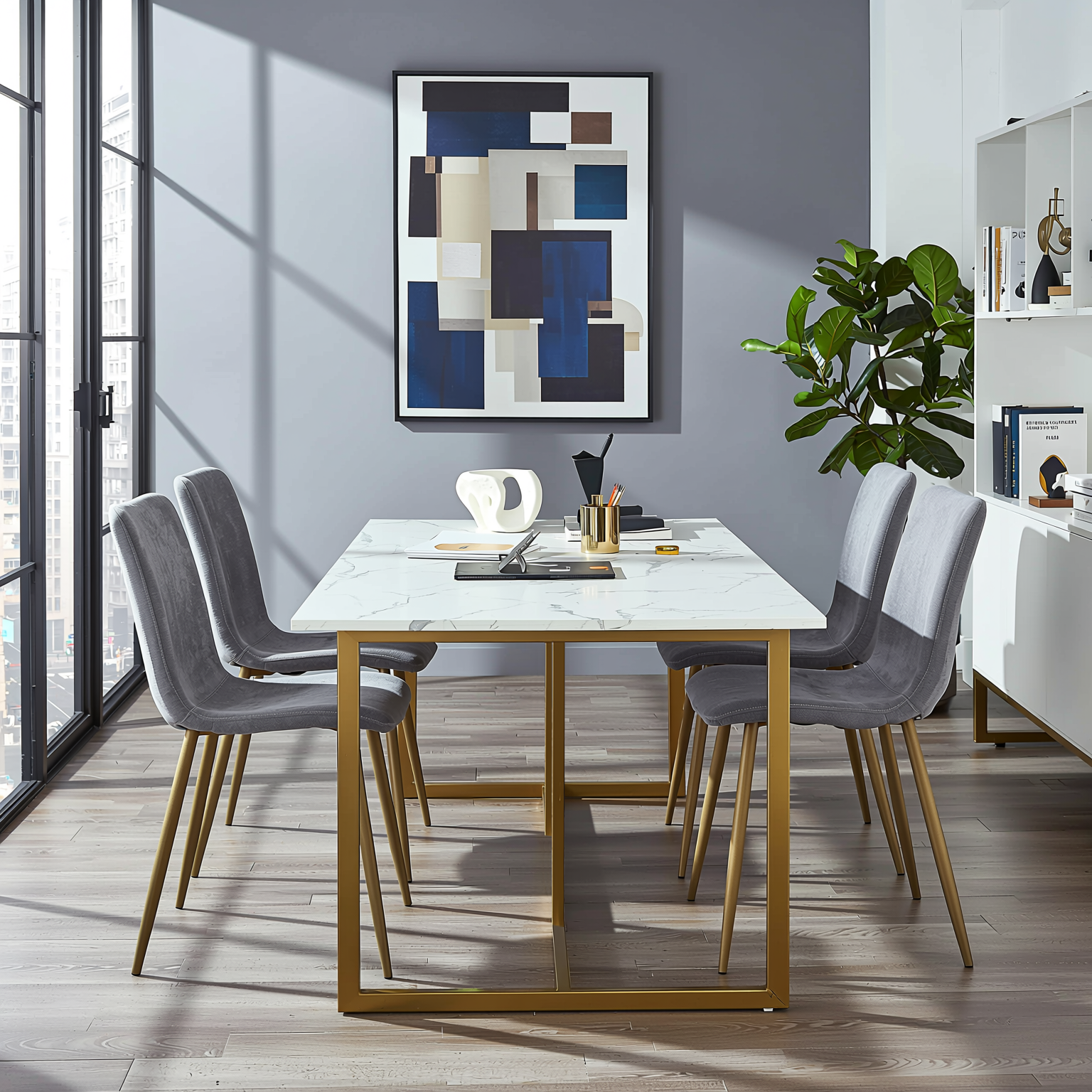 Homy Casa Slip 5PC White Marble Dining Set 55” Table with Golden Base and 4 Scargill Grey Chairs